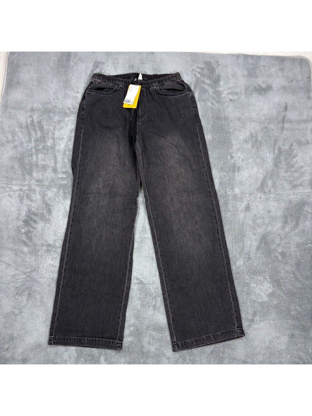 H&M Divided Womens Small Black Washed Denim Drawstring Wide Leg Jeans NWT